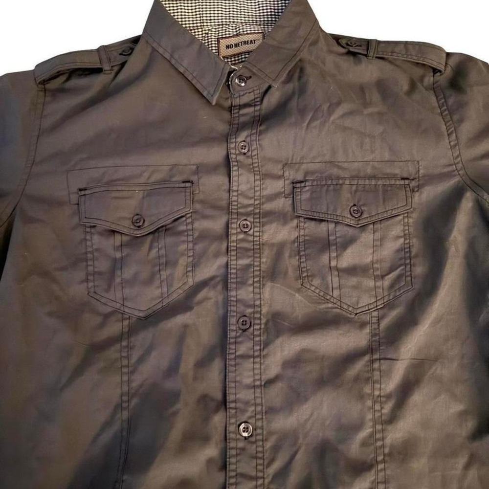 No Retreat Mens Dark Gray Short Sleeve Button Up Shirt Large Streetwear Casual